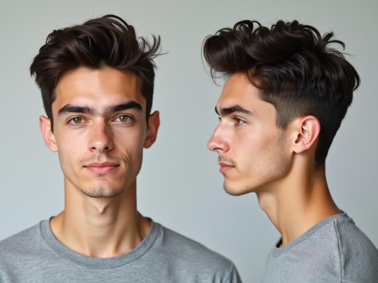 A young, handsome man stands against a neutral backdrop, showcasing both front and side profiles. He has dark brown hair styled with volume and texture. The model has a well-defined jawline and a confident yet relaxed expression. He is wearing a simple gray t-shirt that complements his look. The lighting is soft and natural, emphasizing his facial features and hairstyle clearly. This image is ideal for fashion and grooming industries.