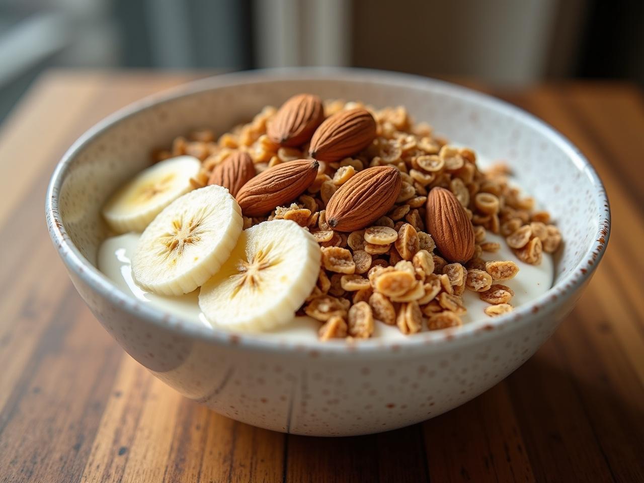 This image showcases a delicious bowl of granola topped with yogurt, honey, cinnamon, banana slices, and almonds. The bowl is larger and transparent, emphasizing the vibrant colors of the ingredients inside. Almonds and crunchy granola are beautifully arranged to create an appealing texture on top of creamy yogurt. The banana slices provide a fresh touch, while the natural lighting enhances the overall look of the dish. Perfect for a healthy breakfast or snack idea, this setup invites you to enjoy a nutritious meal.