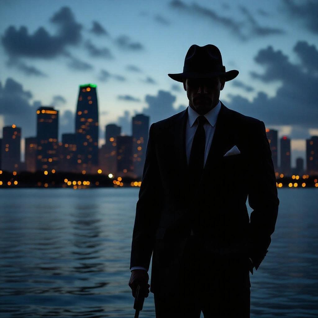 No text in image. Dark Miami cityscape with an ominous silhouette. Evokes Dexter vibes. Ideal for an album cover.