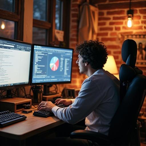 Person engaged in a hobby at a computer desk. Multiple screens displaying data and graphs. Soft ambient lighting enhances the focus on the individual. Cozy home office setting with warm tones.