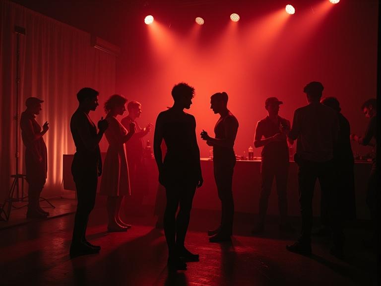 Performers preparing for a show with an intimate atmosphere. Red backlight creates silhouettes against a dramatic nightlife setting. Emphasis on nostalgia reminiscent of Lautrec's style.