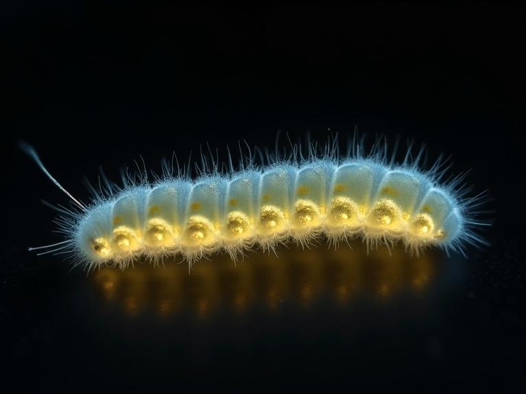 A thin glowing caterpillar about 18 millimeters long. The body is semi-transparent with fine bristles and iridescent patterns. It gives off soft golden pulses along its length. Movement is slow and delicate.