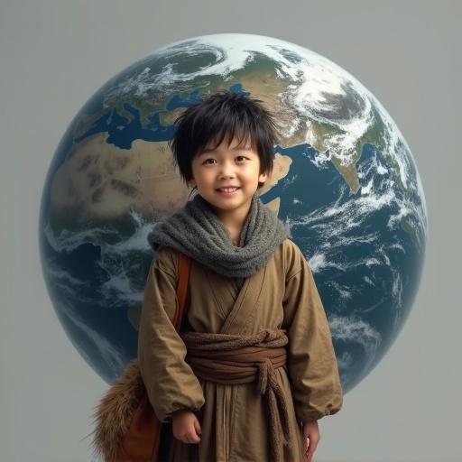 A young Asian boy in a brown traditional costume and gray scarf stands smiling. He holds a brown fur bag. The boy appears cheerful with short messy hair. A globe is in the background, showing clouds and oceans. The image has a warm and harmonious feel.