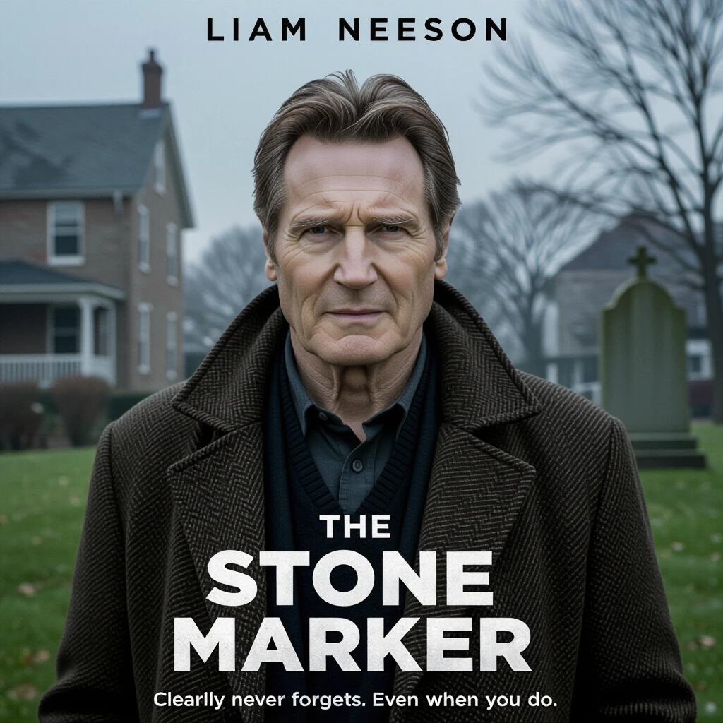 Movie poster for THE STONE MARKER. Liam Neeson stands in a suburban setting. The background includes a house and a gravestone. The title prominently features at the bottom. Tagline emphasizes memory and the past.