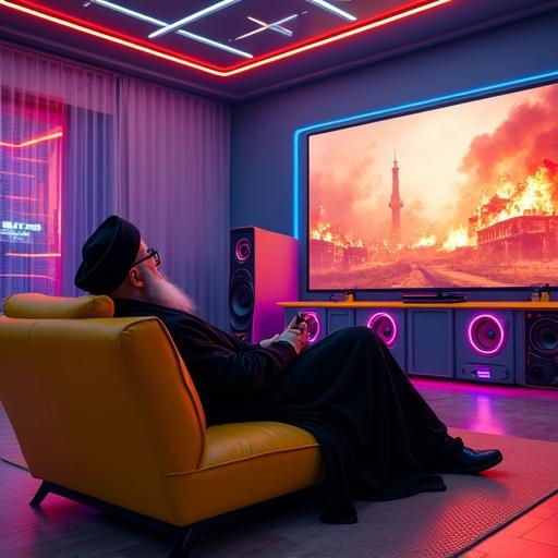 An individual enjoying cozy time in a modern gaming room. Futuristic designs influence the space featuring neon colored couch. The large monitor shows a battleground. High tech gadgets are visible around. Bright lights illuminate the area while the person relaxes playing video games.