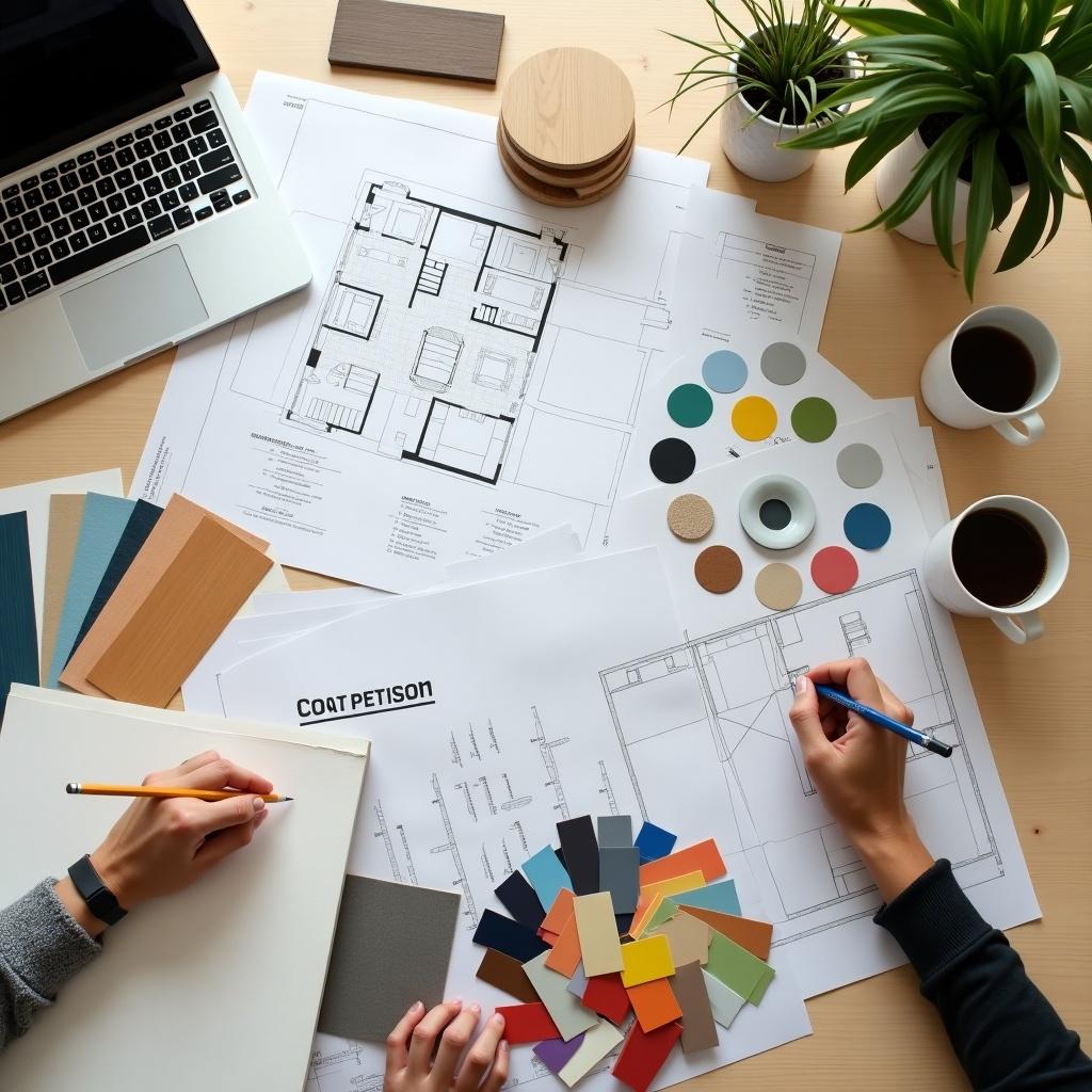 Top view of a workspace used for interior design. Laptop present. Hands working on a floor plan with a pencil. Various materials and color swatches spread out. Includes wood samples, fabric samples, paint color samples. Scene shows design process considering materials and colors.