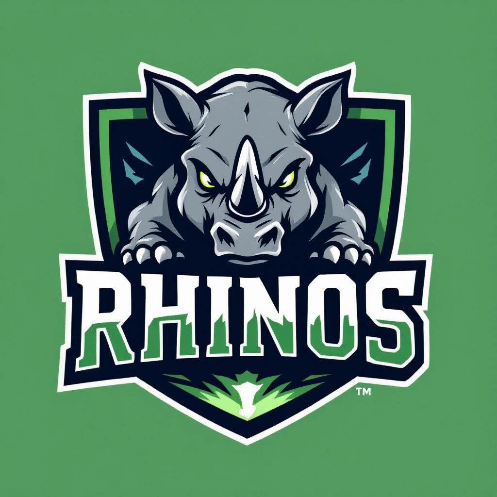 Logo design for a local football team named Rhinos. The logo features a stylized rhinoceros illustration. The background is green with blue and white accents. The text Rhinos is prominently displayed. Focusing on bold and dynamic elements.