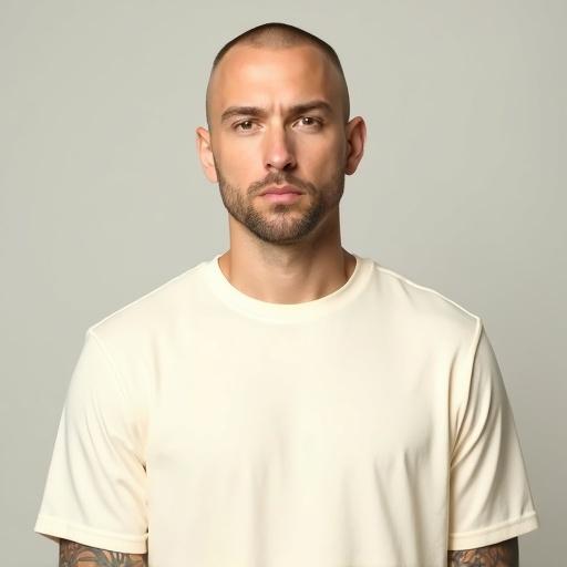 High resolution photorealistic portrait of a white male with short hair, wearing a plain cream-colored T-shirt. Framed from head to just below the chest. Subject centered in the image with neutral expression. Clean-shaven face, oval shape with prominent cheekbones and pointed nose. Looking directly at camera. Well-lit with soft, even lighting. Sharp details and realistic skin tones. Minimalistic composition.