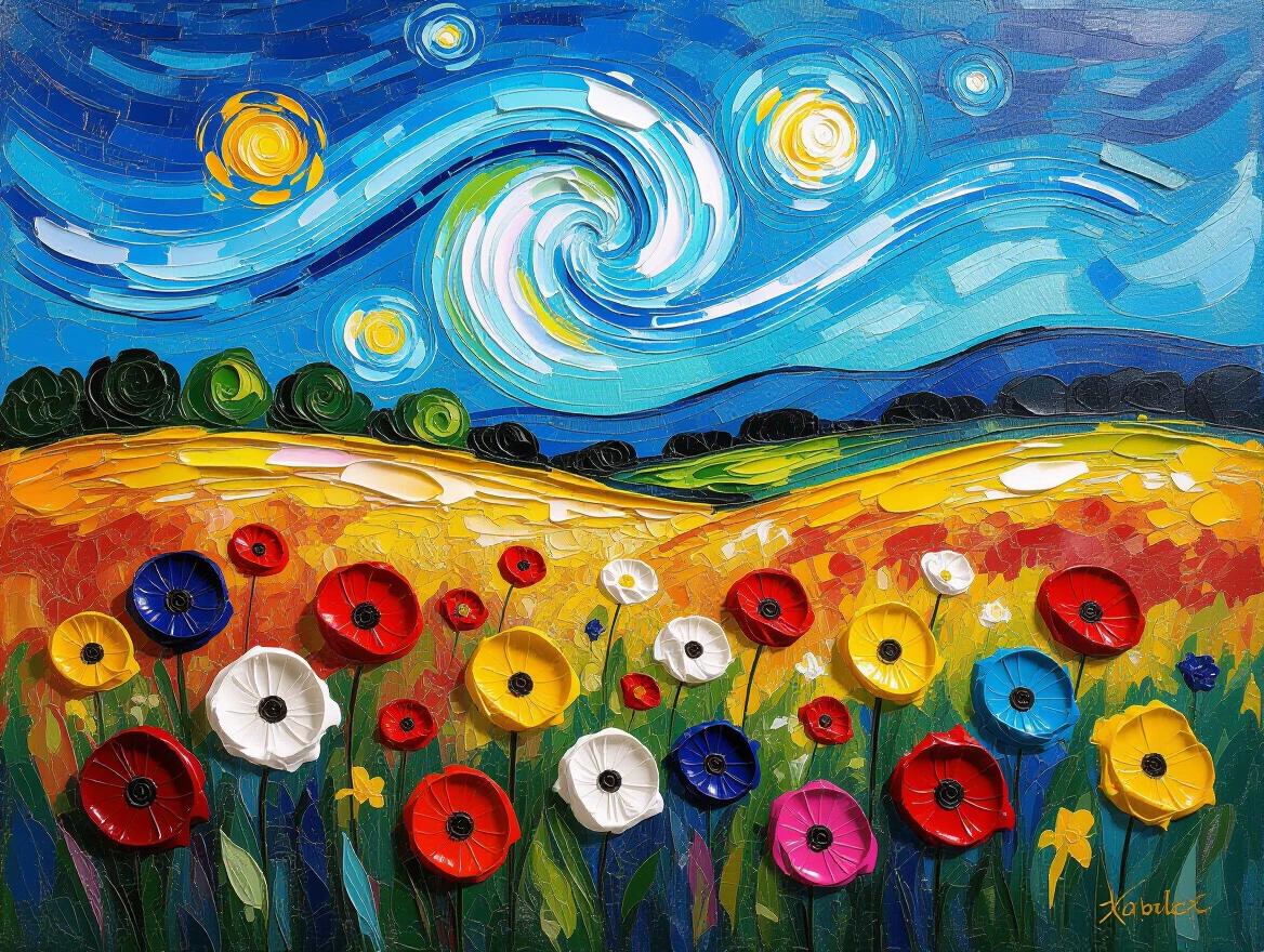 Field filled with wildflowers under a swirling cosmic sky. Sculptural oil painting features extreme impasto technique. Thick vibrant strokes of paint applied with a palette knife. Textural and chaotic feeling in the artwork.