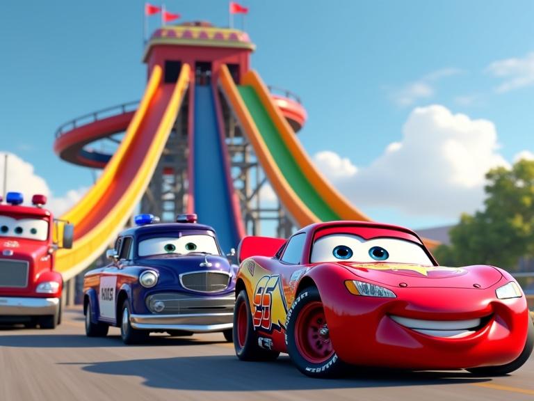 Colorful water slides in the background. Lightning McQueen in front. Police cars and emergency trucks beside Lightning McQueen. Activities suitable for children. Bright and cheerful atmosphere. Pixar style artwork. High quality 4K resolution.