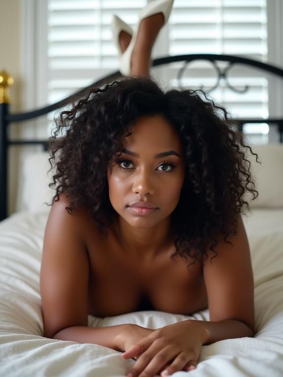 Photograph of a nude woman with dark brown skin and curly black hair lying on a bed. She is wearing white high-heeled shoes with black soles. Her hands rest on the bed, and she looks directly at the camera with a serious expression. The bed has a black metal headboard with gold accents. The background features white horizontal blinds. The image uses soft natural lighting and a low camera angle.