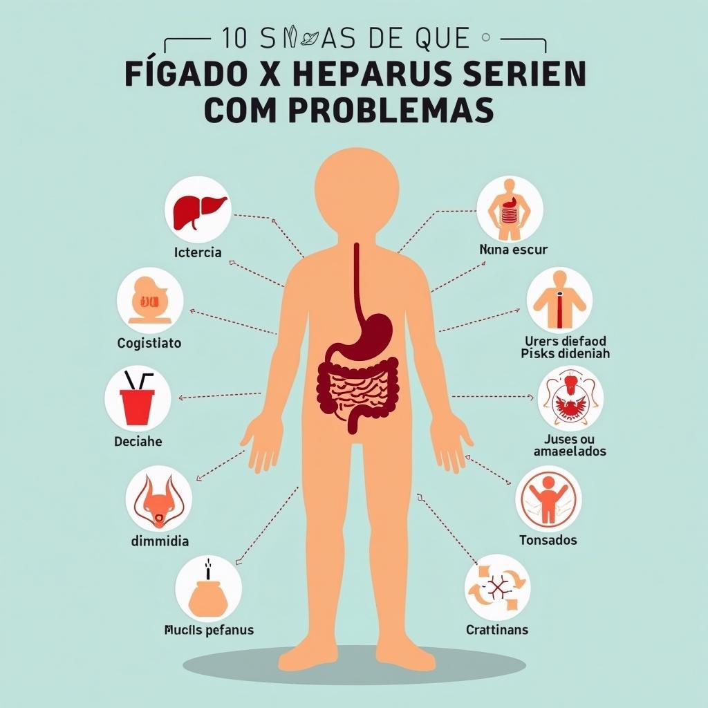 Miniatura para vídeo. Título em espanhol. Figura humana com fígado destacado. Ícones dos sintomas hepáticos ao redor. Cores vibrantes como vermelho e amarelo.