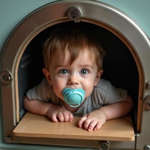 A playful mother interacts with her child by placing him into a giant oven. The child has an oversized pacifier in his mouth. The image captures the warm and playful atmosphere of their interaction.