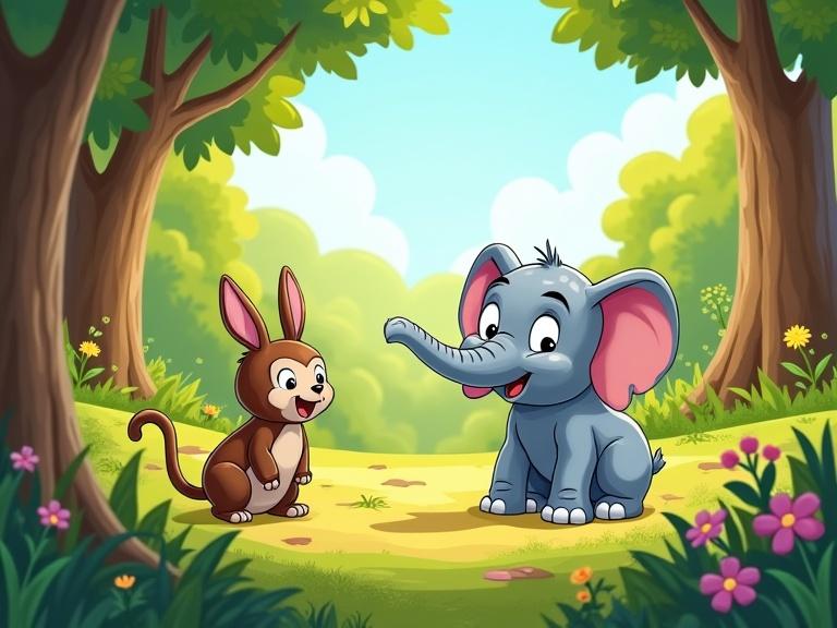 Cartoon scene featuring a friendly elephant and rabbit in a big forest on a sunny day. Colorful background with trees and flowers.