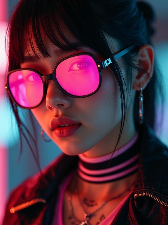 Close-up shot of a girl in futuristic mirrored glasses. She wears a bomber jacket with glowing stripes. Focus on heavy makeup and realistic skin. Hair styled with side cuts and bangs. Displays a warm smile with neck tattoos.