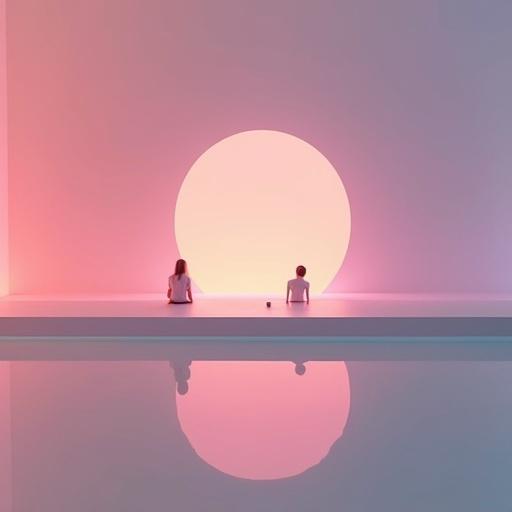 Two figures sit facing a large soft circle in a minimalist space. The setting features soft color gradients. There is a tranquil reflection on the surface below. Atmosphere evokes dreamlike simplicity.