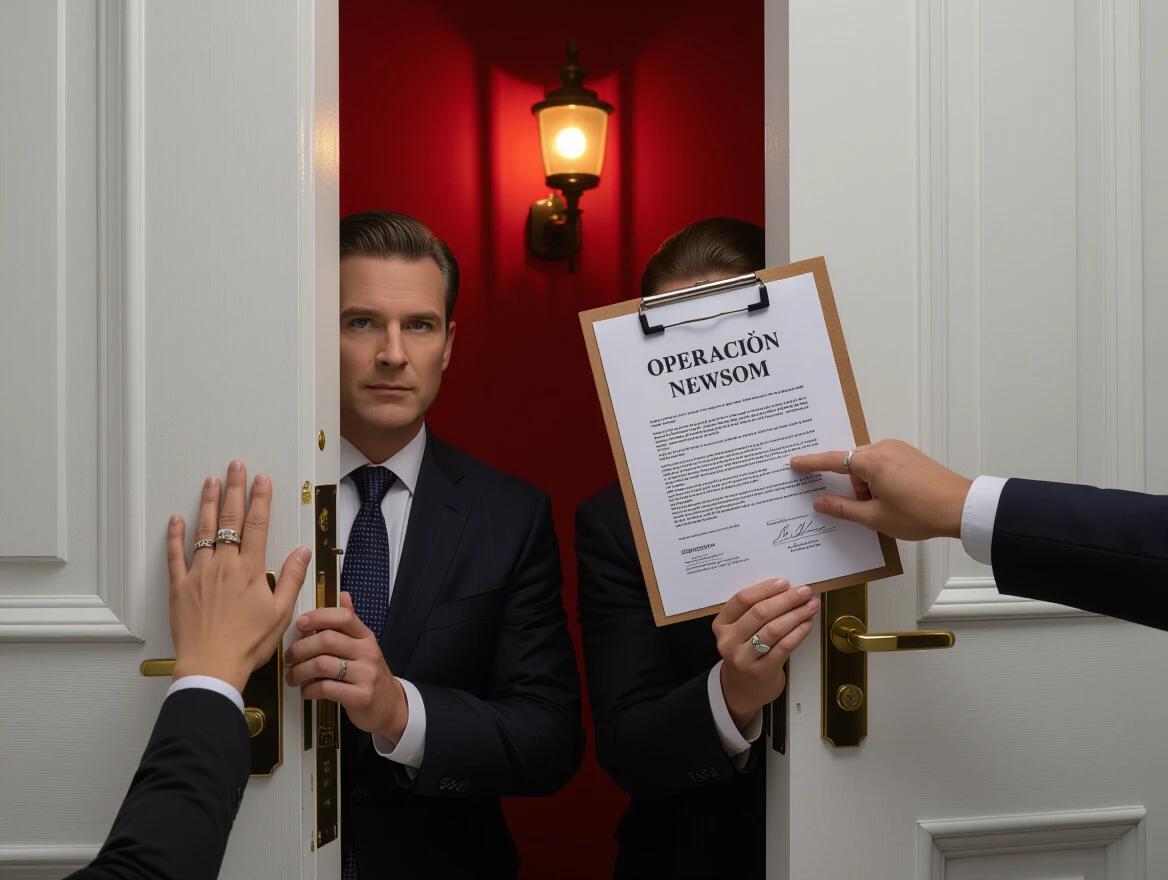 Photo depicting a scene behind closed doors. Two individuals in suits are signing documents. Focus on a clipboard labeled 'OPERAÇÃO NEWSOM'. Soft red light creates a dramatic atmosphere with heavy shadows.
