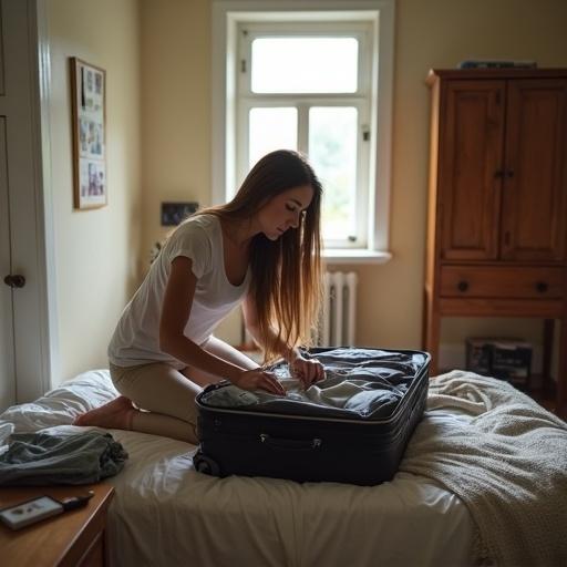 Woman packs her suitcase in a modest bedroom. The bedding is simple, an old wooden wardrobe is visible. Soft afternoon lighting fills the room. Her casual clothes and long hair frame her focused expression. Personal items are scattered around.
