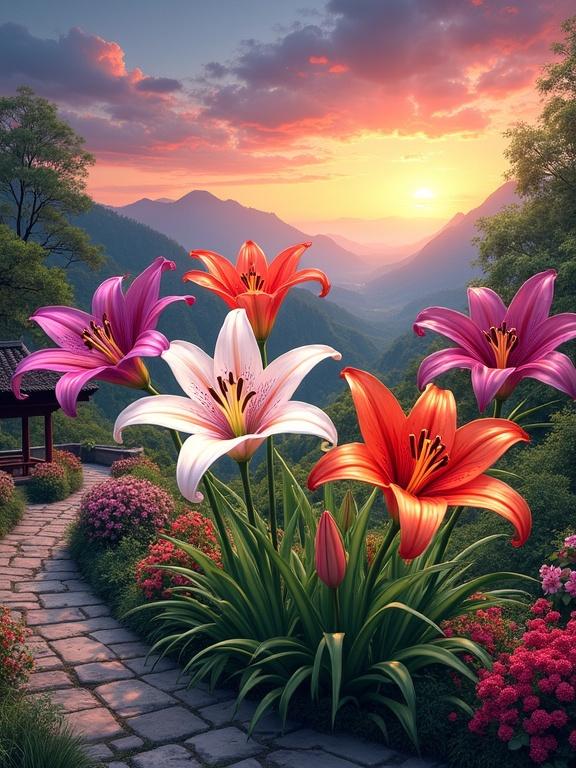 Vibrant garden scene with large lilies in various colors. Stone path meanders through garden. Background features rolling hills and mountains. Dramatic sunset sky with warm colors. Traditional pavilion adds architectural element.