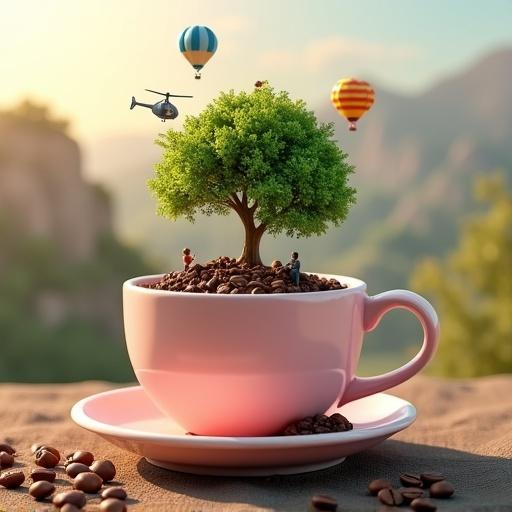 A whimsical scene with a pastel pink coffee cup. The cup contains rich brown earth and a vibrant green tree. Above the tree float bright hot air balloons and a helicopter. A tiny figure sits at the tree's base. The background is a blurred landscape with warm hues. The lighting is bright and magical.