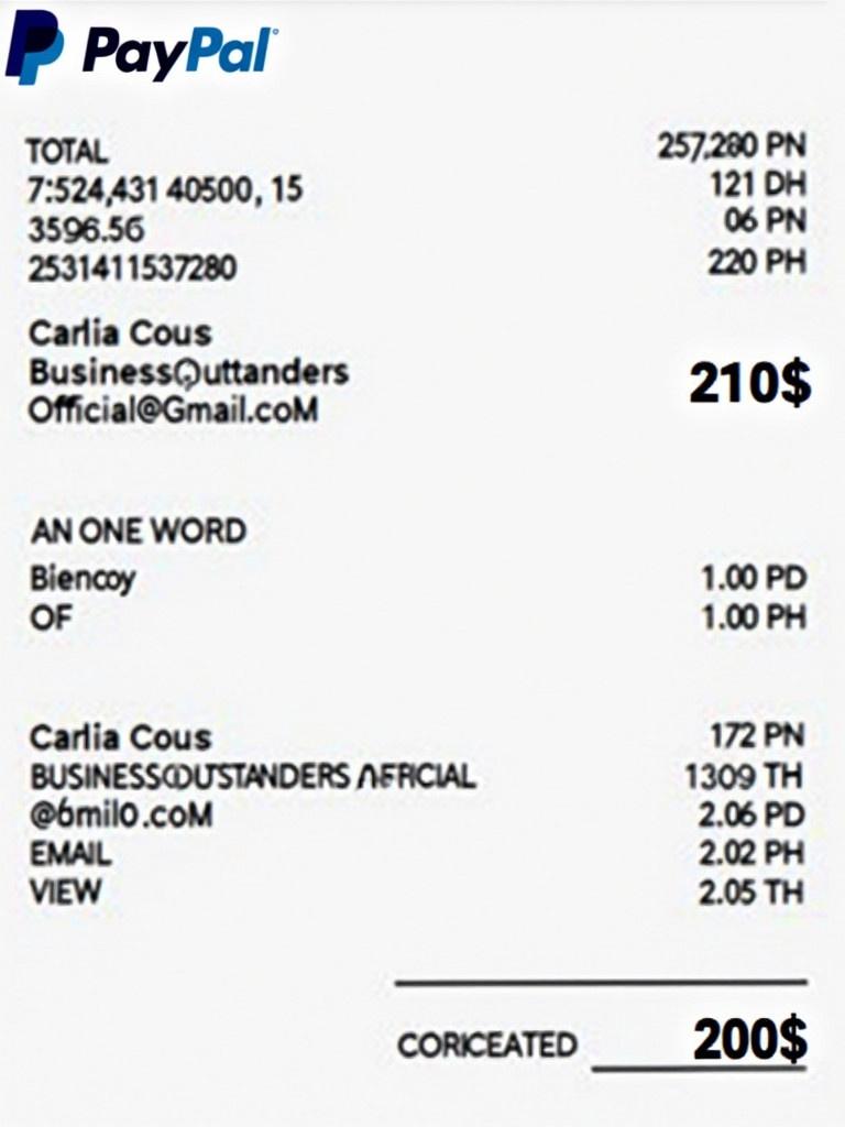 Document shows a proof of payment from PayPal. Payment directed to BusinessOutstanders email. Receipt features PayPal design. Layout emphasizes clarity with bold text and simple background. Transaction total is 200 dollars.