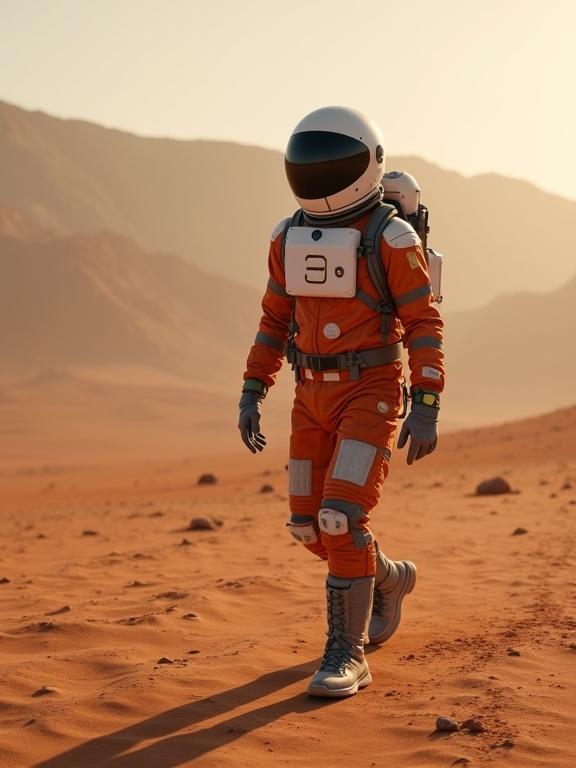 A person in an orange astronaut suit walking on the surface of Mars. The scene shows a mountainous Martian landscape with a warm glow from the setting sun. The subject is without a helmet, showcasing a modern space suit design.