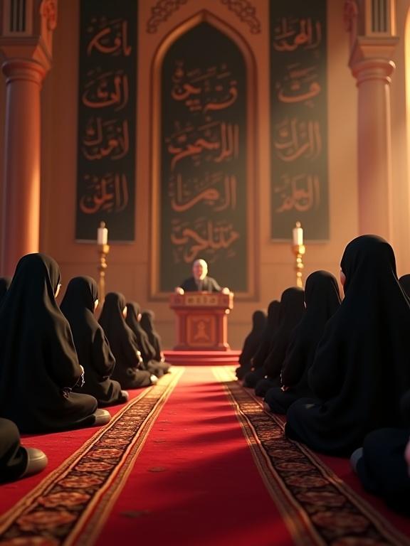 Indoor gathering space with soft lighting. Rich red and gold Persian carpets on the floor. Black banners with Arabic calligraphy reading 'Ya Hussain' in red on the walls. Mothers and children in black seated in rows. Peaceful and reverent atmosphere. Wooden minbar with a speaker at the front. Designed in Disney 3D animation style with realistic effects.