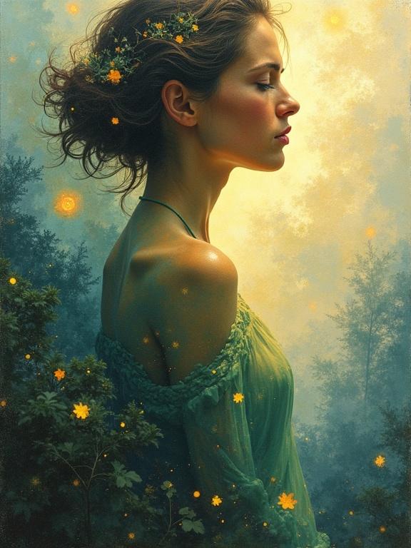Create an abstract scene featuring a woman integrated into a nature-inspired landscape. Use layers for depth and luminous effects showing light passing through.