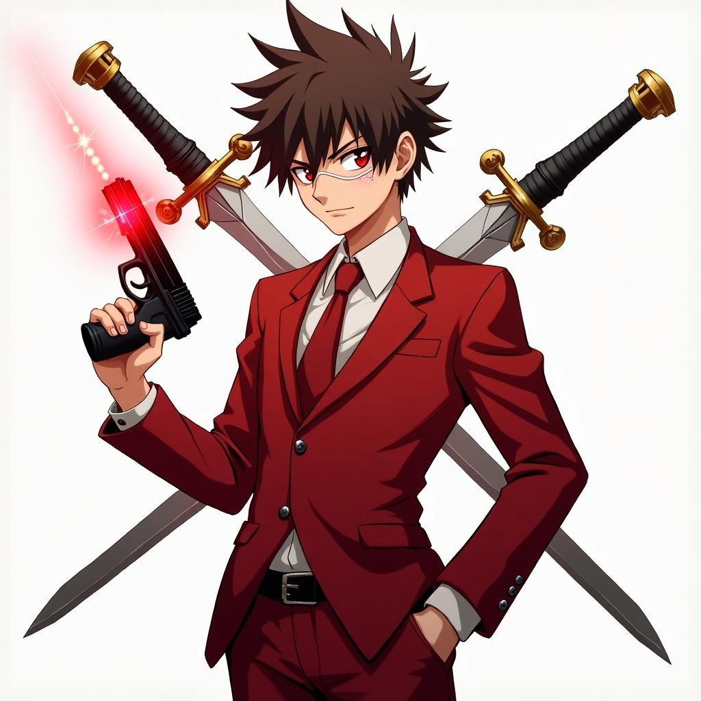 Anime character with spiky brown hair. Dressed in a red suit. Holding glowing red pistol. Two swords crossed behind. Expression of confidence and determination. Love for sister highlights character motivation.