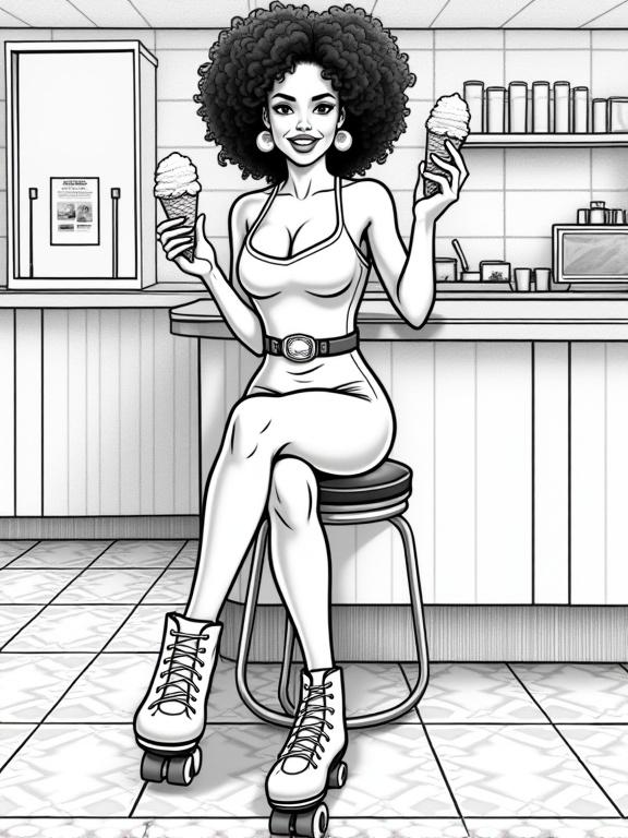 A black and white coloring page with a confident young mixed-race woman in a retro diner. She sits with roller skates, holding ice cream cones. Features include a voluminous afro hairstyle with braids, beautiful almond-shaped eyes, and a cheerful expression. Emphasize her curves and anatomy in a comic book style.