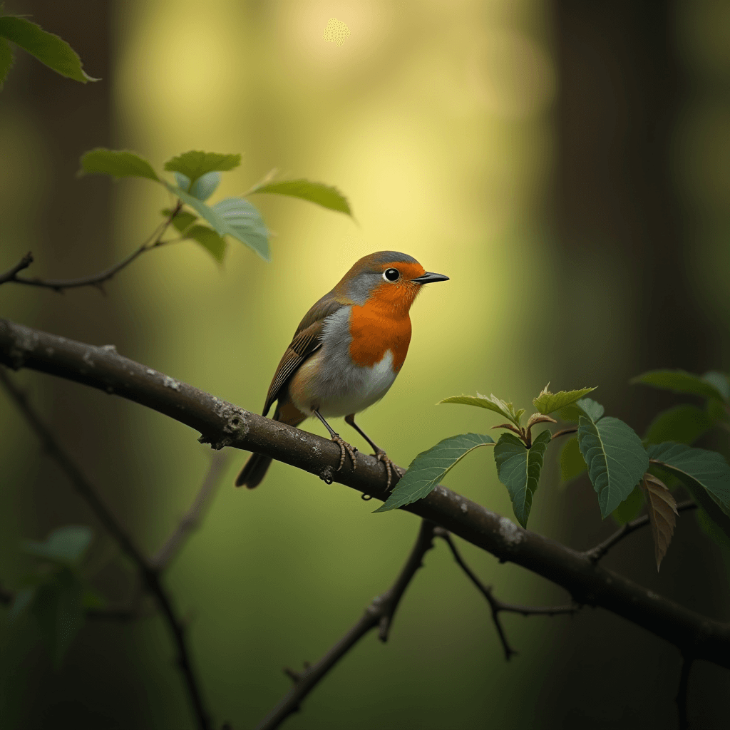 A small bird with vibrant orange and soft brown plumage perches on a tree branch amidst lush green foliage.