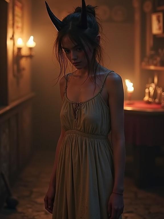 Photorealistic image of a young woman with messy brown hair and violet skin. She has dark red eyes and tiny horns on her forehead. Dressed in a worn tavern dress and barefoot. The scene is set in a dimly lit tavern with torchlight, providing a fantasy aesthetic.