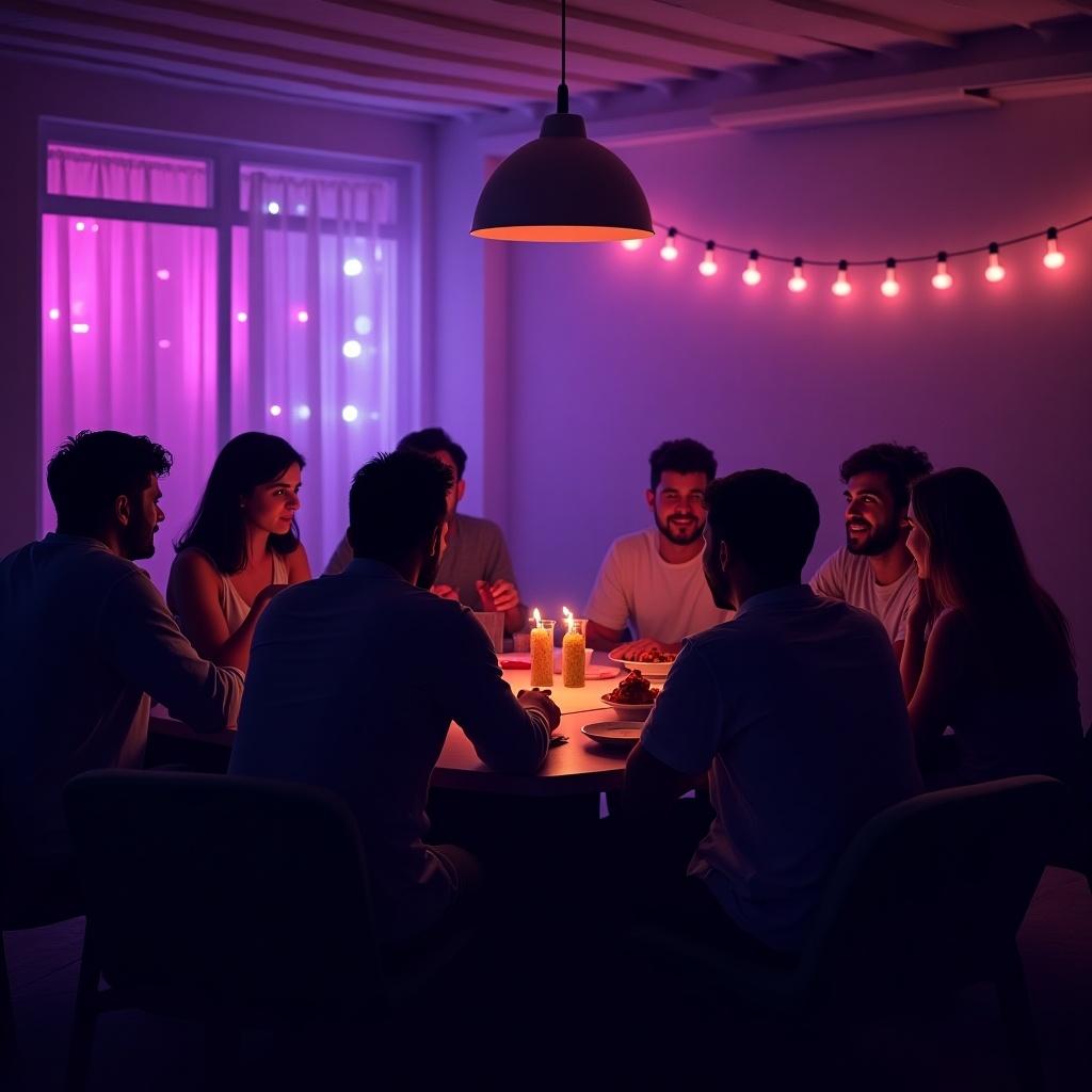 Group of people sitting around a table in a dimly lit room. Ambient purple lighting. Engaged in a quiz night with conversation and food. Captured from a distance.