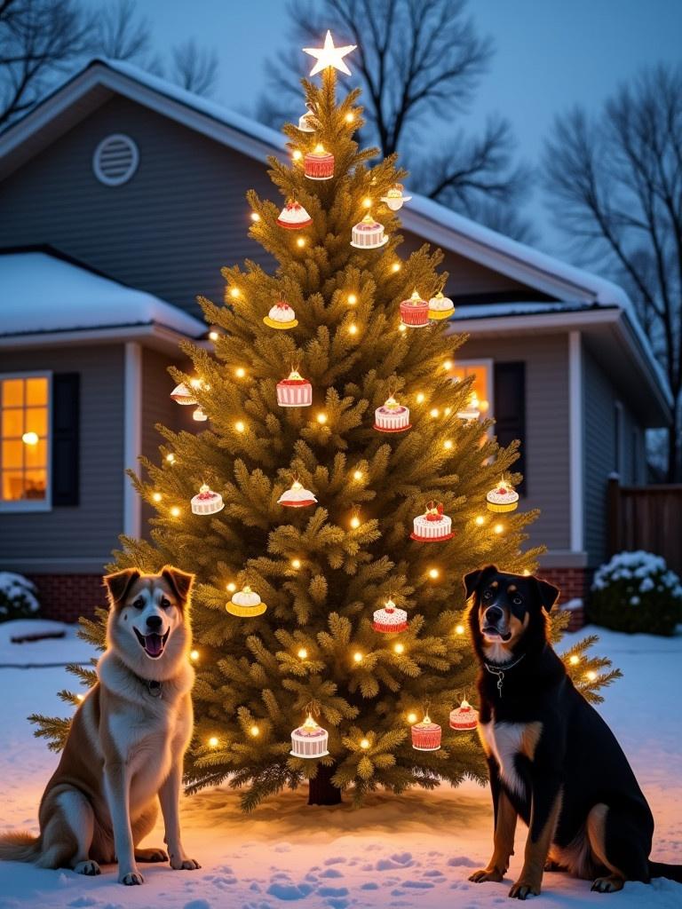 Spruce tree in front yard of house decorated like Christmas tree. Ornaments are birthday cakes. Two mixed-breed dogs sit next to the tree. Early morning with snow on ground.