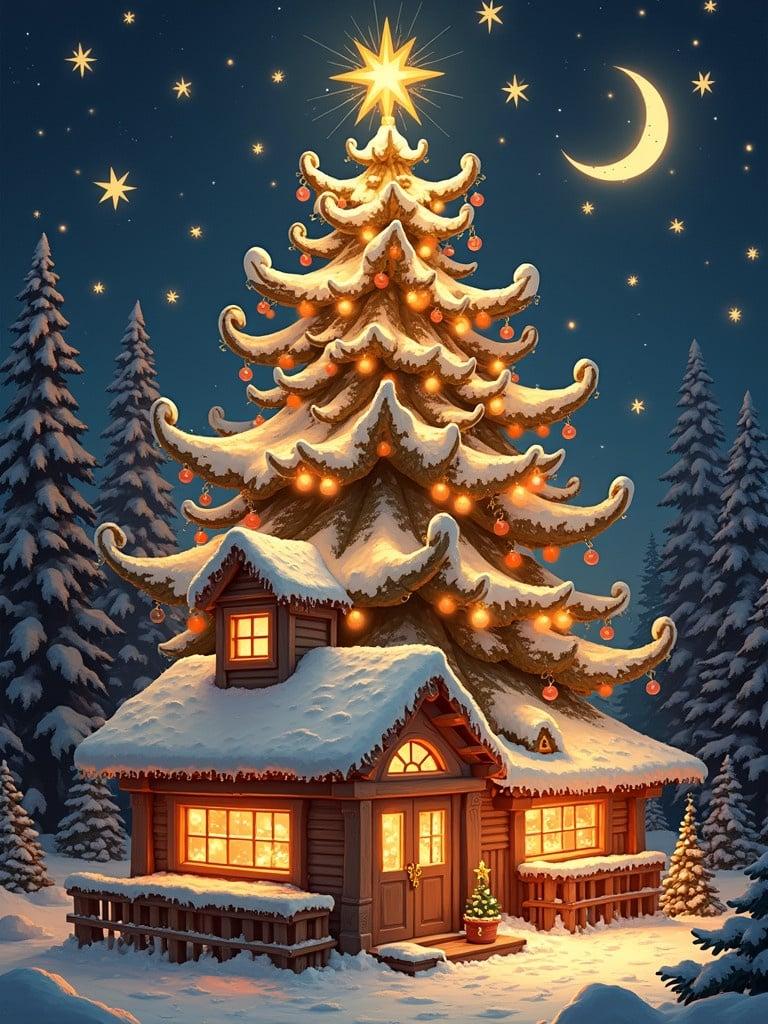 Festive Christmas scene with a decorated tree and a cozy cabin. Scene displays snow and a starry night sky. Christmas lights adorn the tree. Window light radiates warmth from inside the cabin. Ideal for holiday greetings.