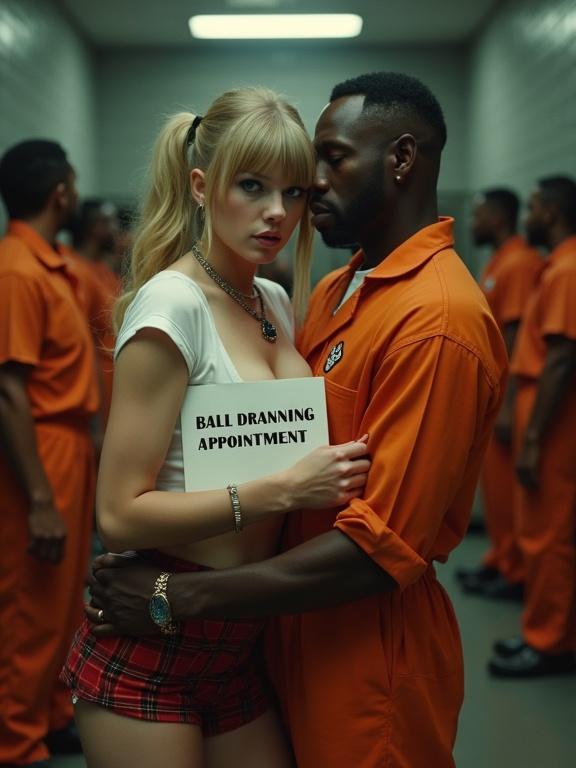 Music video scene set in a prison cell featuring a blonde woman and a black male inmate. The woman wears a tight white cropped shirt and a plaid miniskirt. The inmate is in an orange jumpsuit. They appear close and intimate. The woman holds a sign that says 'ball draining appointment'. Other male prisoners are in the background.