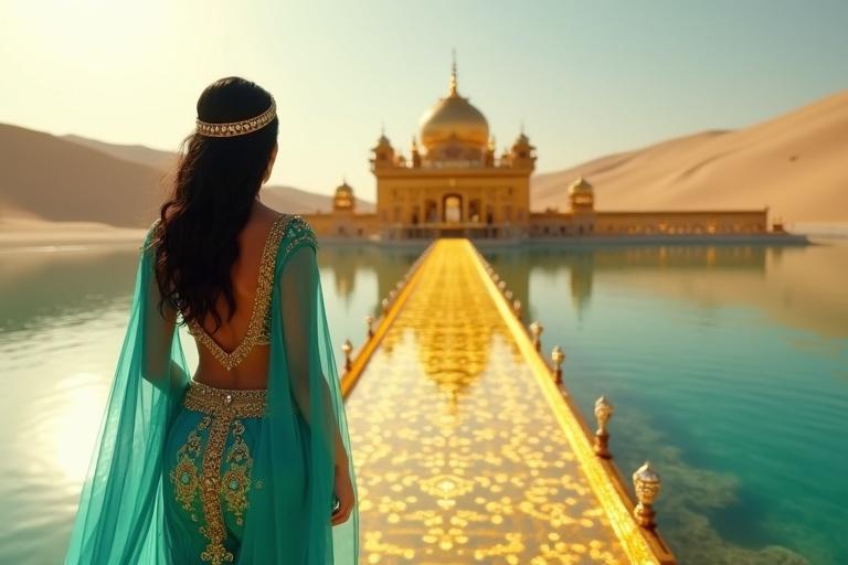 Wide-angle shot behind Arabian princess at desert lake. She gazes at a golden temple shimmering in the distance. A glowing gold bridge connects her to the temple. Princess wears turquoise attire with ornate gold embroidery. Her black hair flows down her back. The atmosphere is magical with sunlight reflecting.