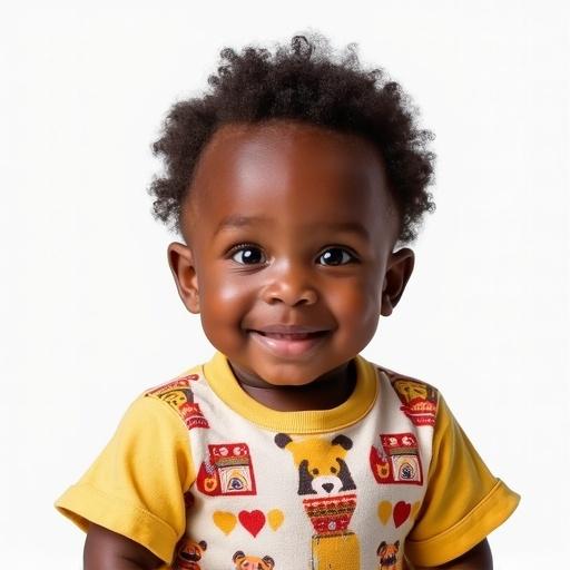Close-up of a very cute Black baby wearing colorful classic European-style baby clothes. Baby looks straight at the camera with a gentle smile. No hands visible. Soft natural lighting and a plain bright background.