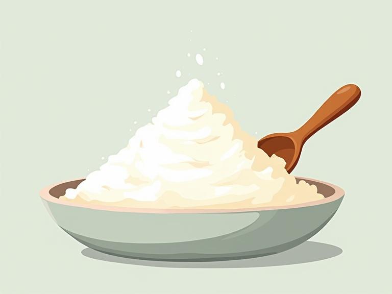 Colorful cartoon illustration featuring white flour. Mound of flour with soft texture spilling from a bowl. Accompanied by a wooden spoon on a solid background. Emphasizes cheerful and inviting vibe with clean lines.