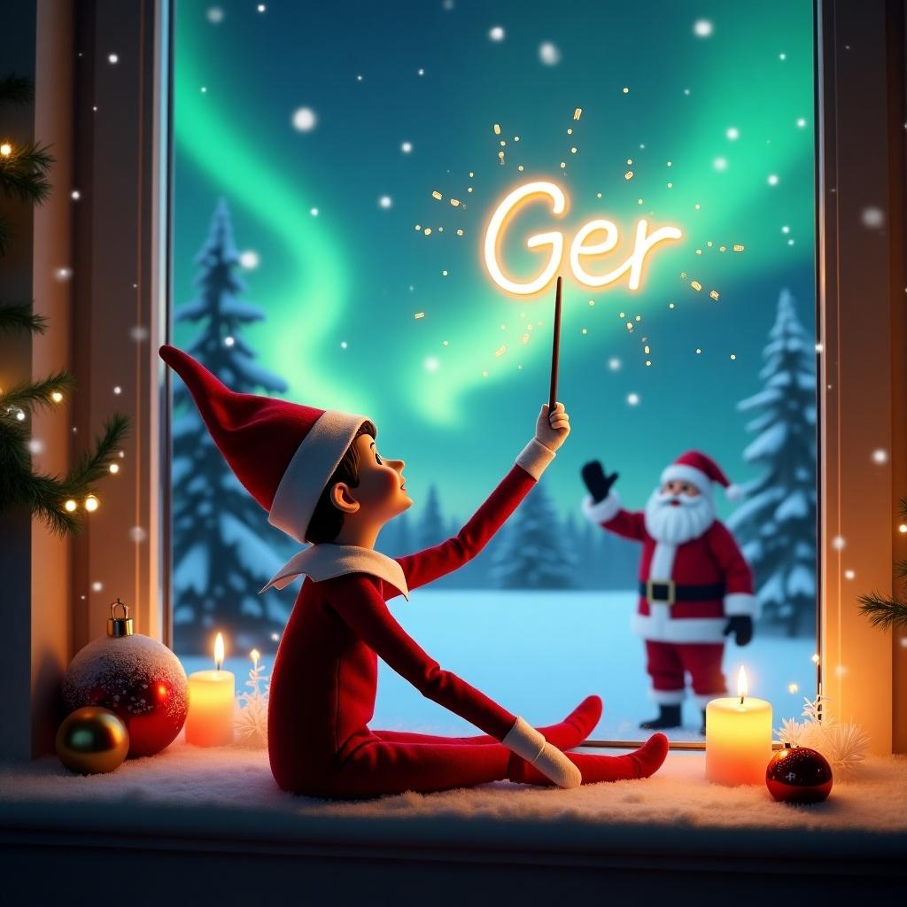 An enchanting Christmas scene featuring an elf on the shelf sits looking upwards, using a wand to write 'Ger' in the sky. The background showcases stunning northern lights with Santa Claus in the distance. Snow covers the ground, creating a beautiful winter landscape. Cozy decorations can be seen on the windowsill, including candles and ornaments. The atmosphere radiates holiday joy and wonder, capturing the magic of the season.