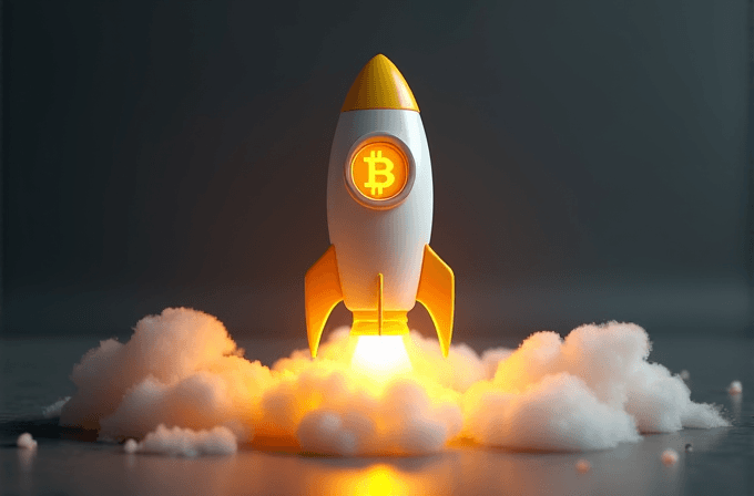 A rocket with a Bitcoin symbol is taking off, surrounded by clouds and glowing light.