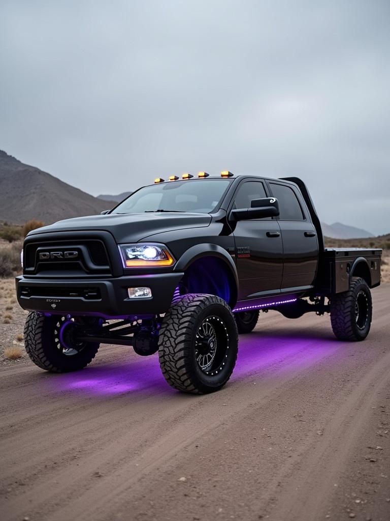 First generation Dodge truck. Blacked out paint job. Flatbed design. Midnight purple undercarriage. Purple illuminated rims.