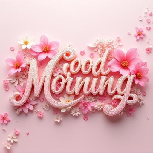 Digital art piece featuring 'Good Morning' in ornate cursive script. Letters have a gradient from soft pink to cream and are adorned with shimmering gemstones. Surrounded by pink and white flowers, hearts, and intricate shapes. Balanced composition with vibrant colors against a subtle background.