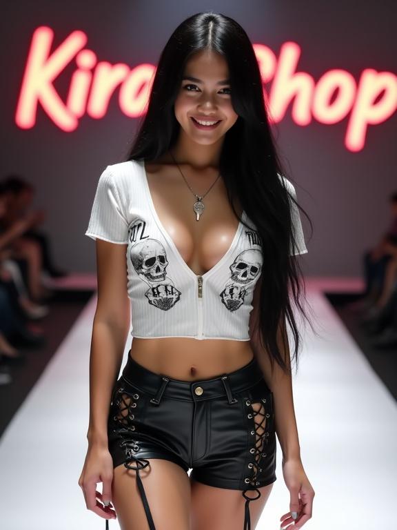 Young woman confidently walking down a white catwalk. She smiles sweetly at the camera. The model wears a white crop top and black shorts with ties. A bright 'Kira Shop' sign is illuminated in the background.
