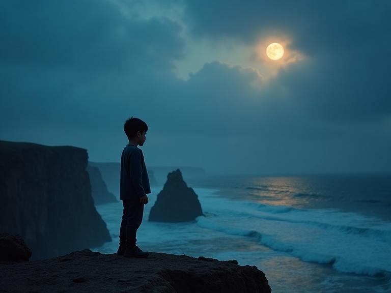 A young boy stands alone on a cliff. The scene depicts a vast coastal landscape. The sky is twilight with blue hues. The moon is shining above. The boy is backlit. Ocean waves are churning below.