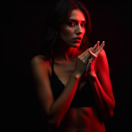 An image capturing a sensual woman with a black background. Centered figure, mysterious woman shown from the back, semi-nude in black lace lingerie. Soft red light highlights body contours. Elegantly holding two fingers, symbolizing a 'secret trick', turning face partially with a confident, provocative expression. Dark background with subtle red glow at edges. Prominent text: 'The Lesbian Trick' in white and red, bold typography above or beside the woman. Evokes desire, feminine power, and secrecy.