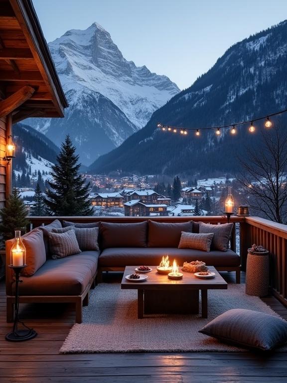 Luxurious alpine outdoor seating area on wooden chalet balcony. Set against snow-covered mountains and valley. Night scene with cozy atmosphere.