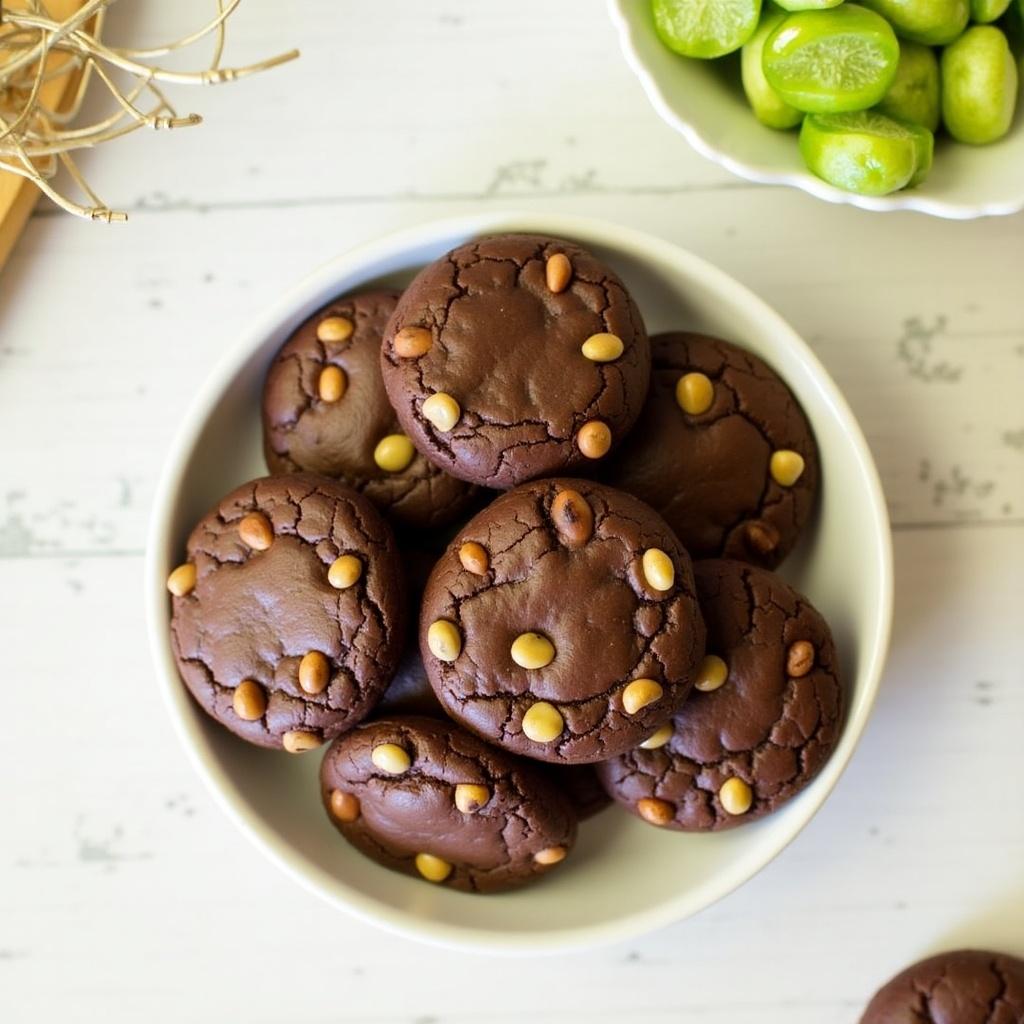 Plate of delicious moringa chocolate cookies sprinkled with pine nuts. Cookies have a dark brown color. A side dish of green fruits is included for a fresh contrast.