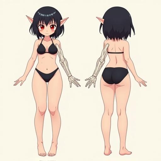 A clean 2D anime-style character reference sheet showing a female vampire in A-pose. Front and side views are presented on a light background. Character has short black hair, large red glowing eyes, elf-like ears, and a skeletal right arm. She wears a black bikini to show body proportions. The art style is flat, cel-shaded, and line-based for 3D modeling use.