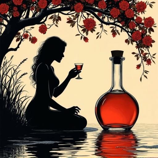 A modern linocut silhouette artwork showing a sensual woman by the water. She sits under a rosebush wearing a semi-transparent dress. Holding a glass of bright reddish liqueur. A large glass bottle labeled 'ALFRUNO' is beside her. The composition features black silhouettes against a beige background with vintage flair.